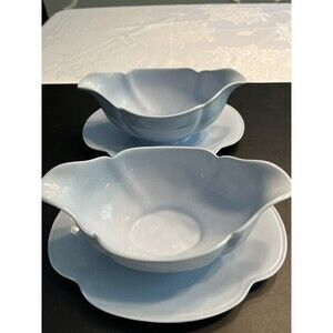 2 ~ Vintage Johnson Brothers Greydawn Blue Gravy Boat w Attached Under Plates